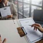 Close-up of business owner check resume of job applicants in company at the office.