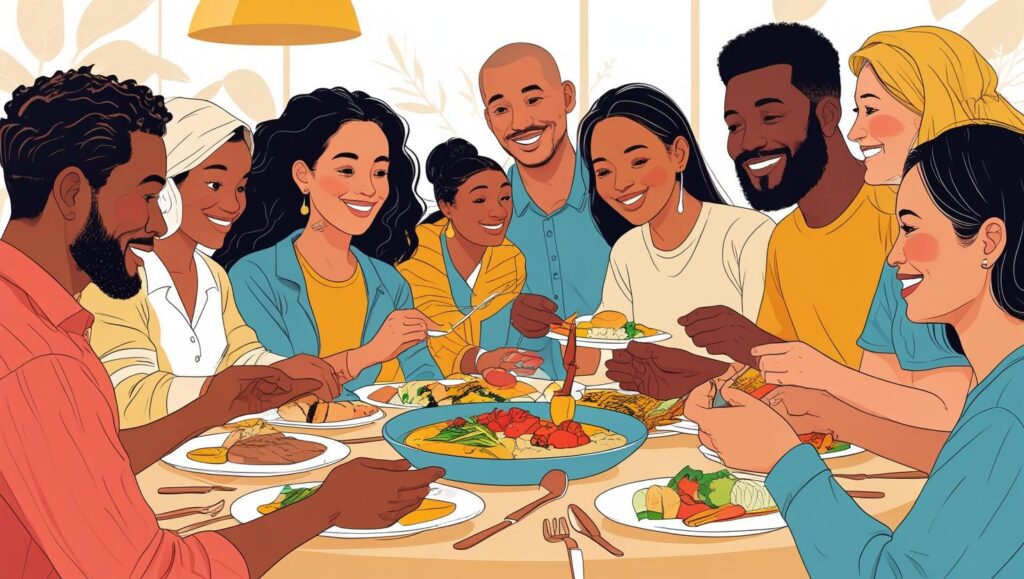 A visually appealing illustration depicting a diverse group of people from various age groups and backgrounds engaging in a collaborative activity that fosters trust and understanding, such as sharing a meal, working together on a project, or engaging in a friendly conversation. The scene should evoke feelings of warmth, openness, and mutual respect. The color palette should be bright and inviting, with a focus on natural light and soft shadows.