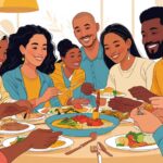 A visually appealing illustration depicting a diverse group of people from various age groups and backgrounds engaging in a collaborative activity that fosters trust and understanding, such as sharing a meal, working together on a project, or engaging in a friendly conversation. The scene should evoke feelings of warmth, openness, and mutual respect. The color palette should be bright and inviting, with a focus on natural light and soft shadows.
