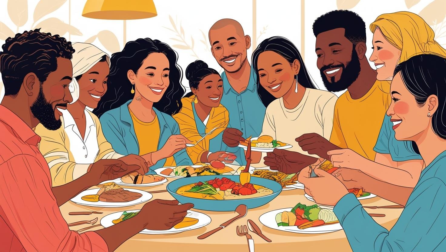 A visually appealing illustration depicting a diverse group of people from various age groups and backgrounds engaging in a collaborative activity that fosters trust and understanding, such as sharing a meal, working together on a project, or engaging in a friendly conversation. The scene should evoke feelings of warmth, openness, and mutual respect. The color palette should be bright and inviting, with a focus on natural light and soft shadows.