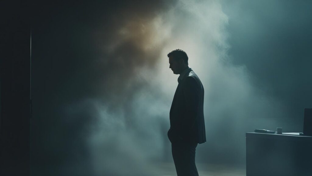 A moody and atmospheric photo depicting the concept of "Why Traditional Outsourcing Makes Leaders Weaker," featuring soft, diffused lighting casting deep shadows, rendered in muted tones of blues, grays, and browns. The image should have a cinematic feel, with a shallow depth of field focusing on a symbolic representation of weakened leadership, perhaps a solitary figure in a dimly lit office or a metaphorical image conveying a loss of control.