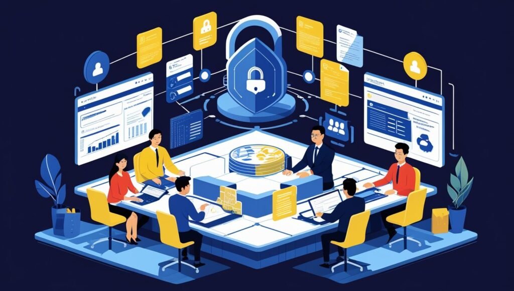 A detailed illustration depicting a team of Filipino IT professionals collaborating on a comprehensive cybersecurity and compliance project. The image should showcase various stages of implementation, such as system audits, data encryption, and risk assessment, using a clean, professional style with a focus on technology and data visualization elements. The color palette should be corporate yet inviting, using dark blue and light yellow tones. The illustration should have a clear, well-lit setting, emphasizing teamwork and efficiency.