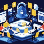 A detailed illustration depicting a team of Filipino IT professionals collaborating on a comprehensive cybersecurity and compliance project. The image should showcase various stages of implementation, such as system audits, data encryption, and risk assessment, using a clean, professional style with a focus on technology and data visualization elements. The color palette should be corporate yet inviting, using dark blue and light yellow tones. The illustration should have a clear, well-lit setting, emphasizing teamwork and efficiency.