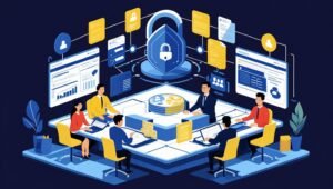 A detailed illustration depicting a team of Filipino IT professionals collaborating on a comprehensive cybersecurity and compliance project. The image should showcase various stages of implementation, such as system audits, data encryption, and risk assessment, using a clean, professional style with a focus on technology and data visualization elements. The color palette should be corporate yet inviting, using dark blue and light yellow tones. The illustration should have a clear, well-lit setting, emphasizing teamwork and efficiency.