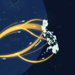 Map of New Zealand and Philippines connected by gold light streams