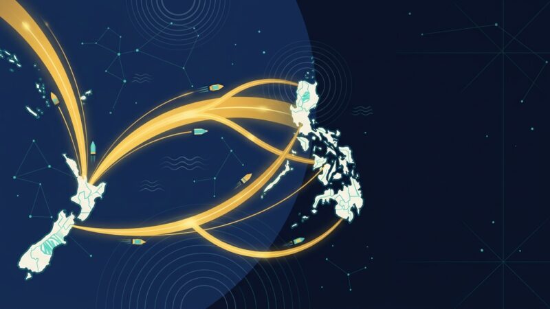 Map of New Zealand and Philippines connected by gold light streams