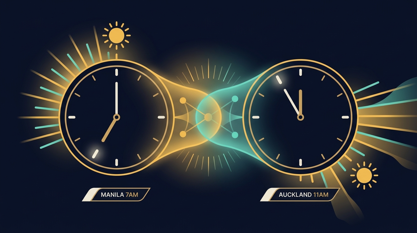 Manila and Auckland clocks showing timezone overlap for Filipino VAs serving NZ