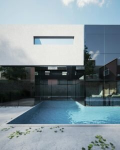 Photorealistic 3D rendering of modern house with swimming pool