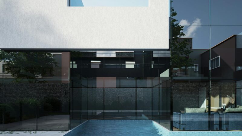 Photorealistic 3D rendering of modern house with swimming pool
