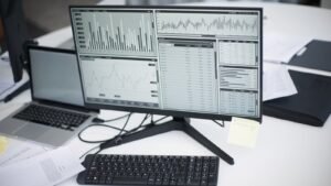 Contact center analytics on a monitor showing performance metrics