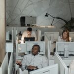 Offshore call center floor with agents at workstations
