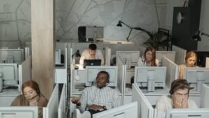Offshore call center floor with agents at workstations