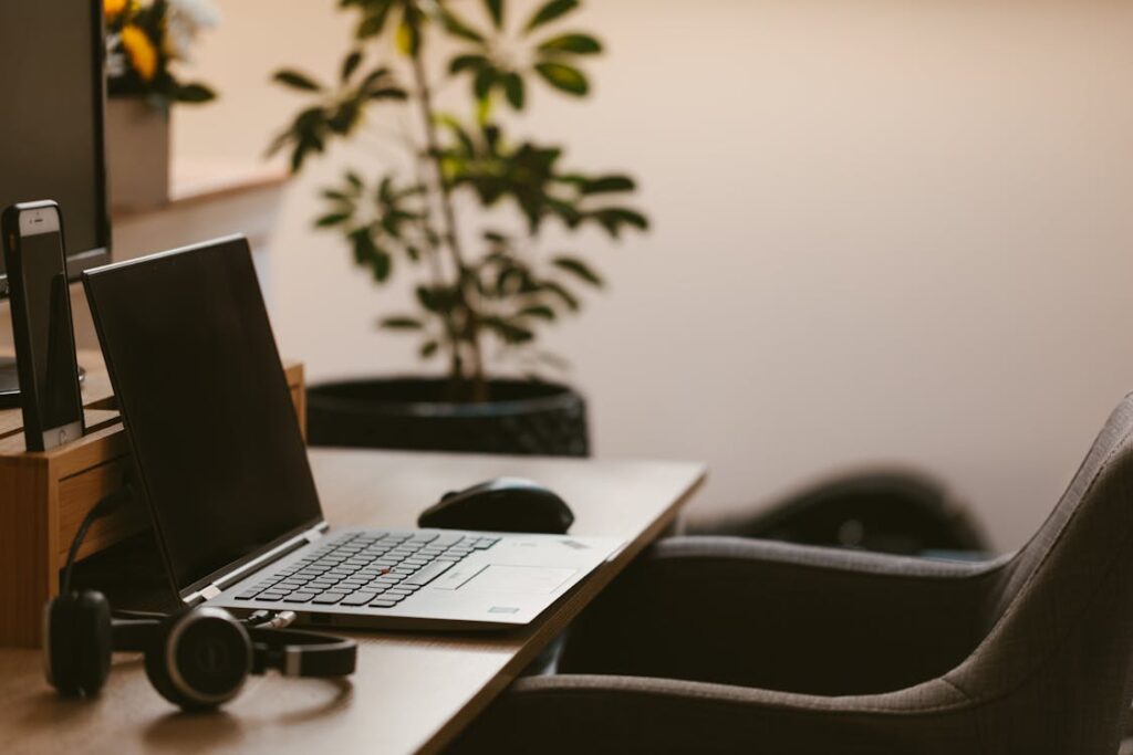 Home office workspace with laptop and plant — where your virtual assistant will work