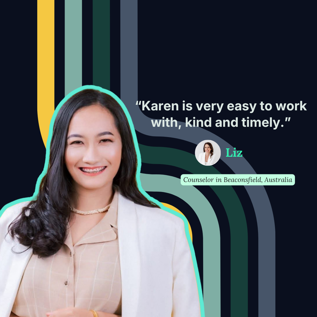Client testimonial graphic: Liz, Counselor in Beaconsfield Australia, on working with her Armasourcing assistant Karen