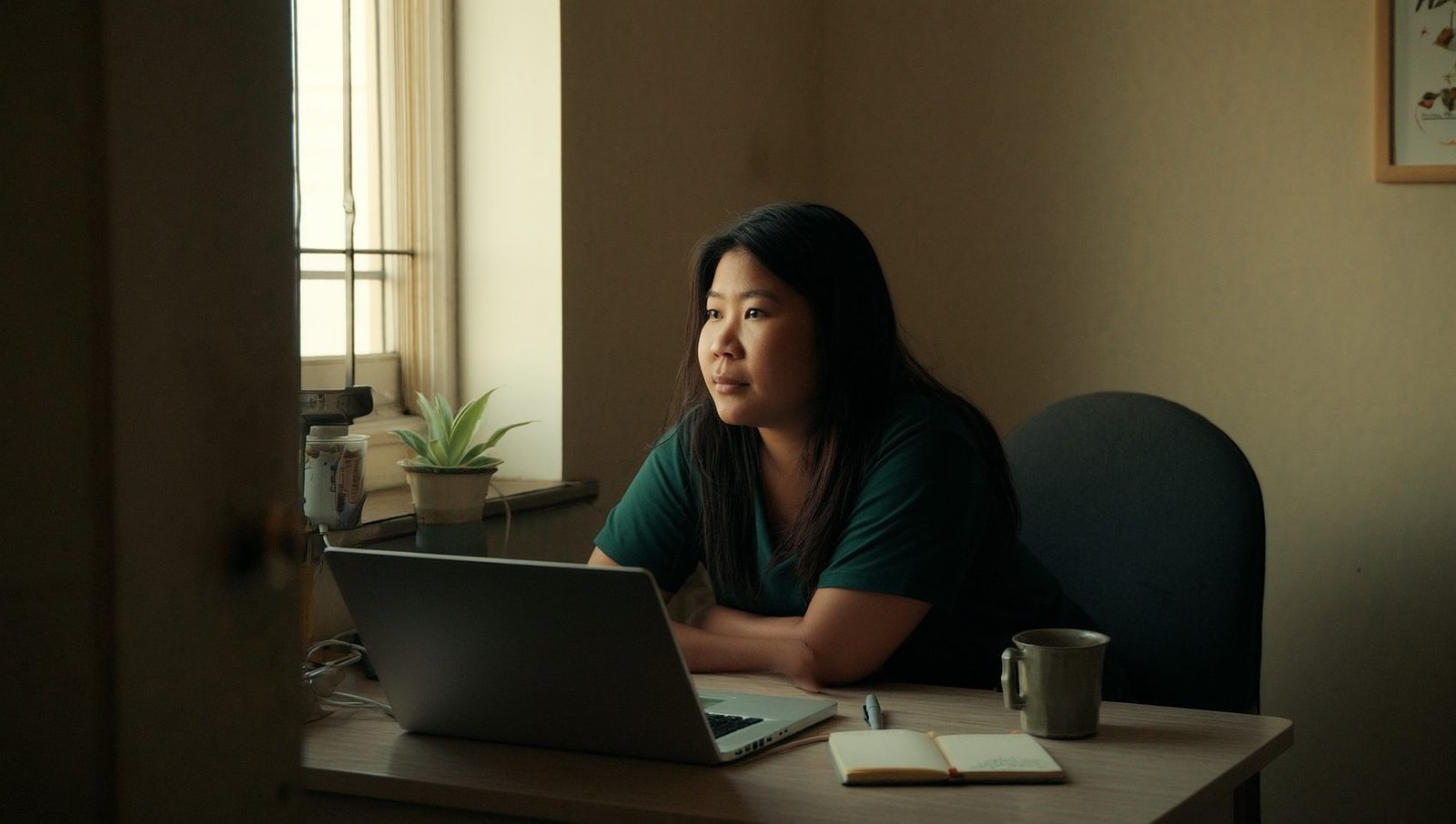 A Filipina virtual assistant at her home desk with a laptop and notebook, looking toward late afternoon window light