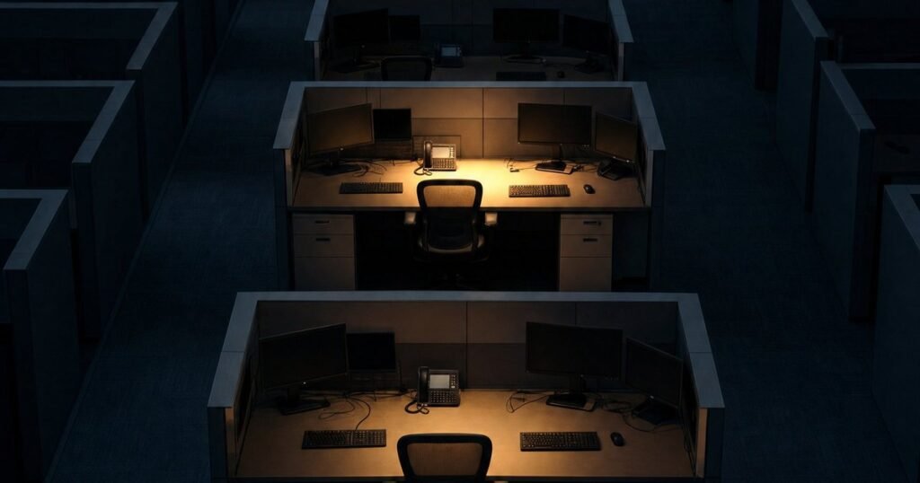 Rows of empty call center workstations with one desk lit, illustrating agent attrition