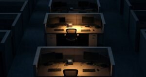 Rows of empty call center workstations with one desk lit, illustrating agent attrition