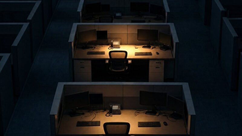 Rows of empty call center workstations with one desk lit, illustrating agent attrition