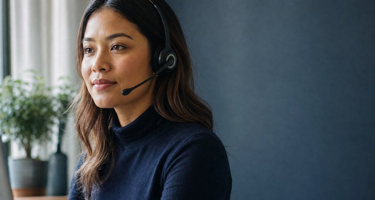 Customer service agent wearing a headset at a tidy home workstation