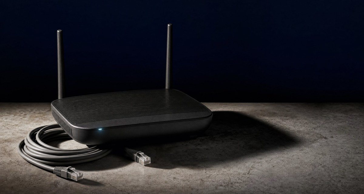 Home internet router and ethernet cable on concrete, lit from the side