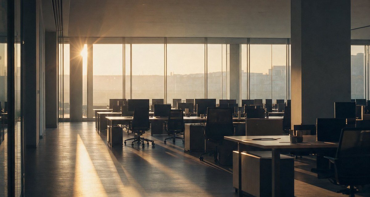 Empty contact center floor at dawn with light across the desks