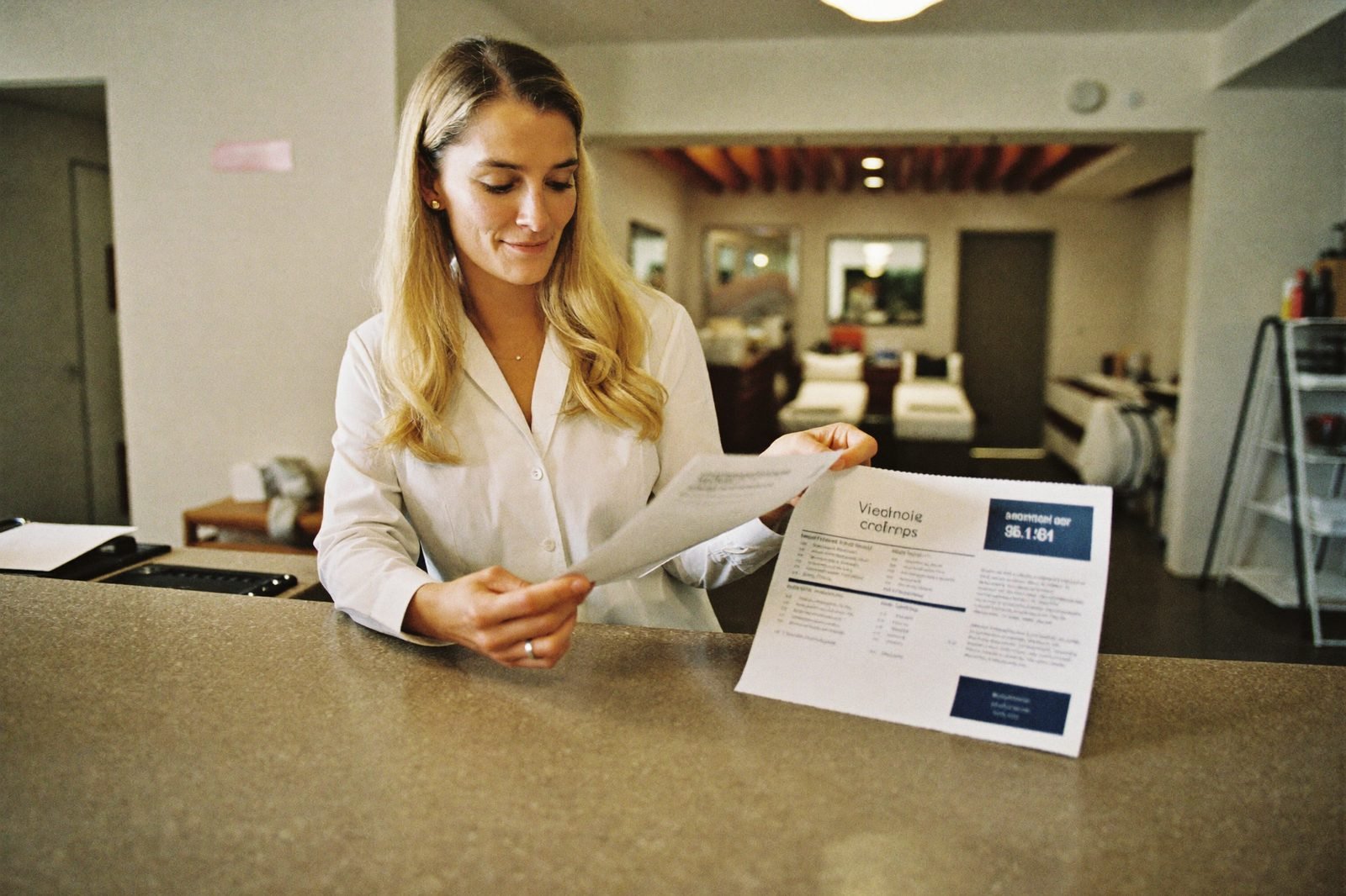 Med spa manager comparing printed vendor sheets at the reception counter