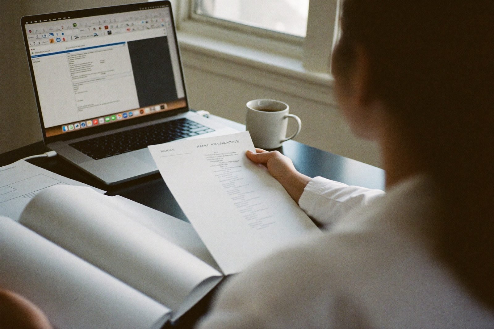 Vacation rental host comparing printed provider shortlists beside a laptop