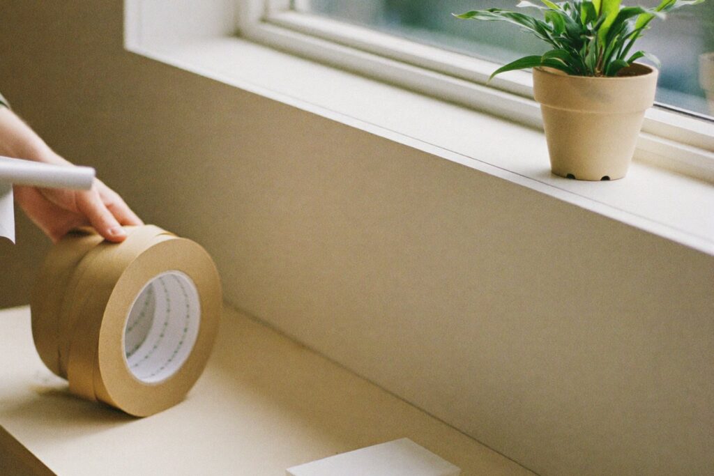 Rolls of kraft tape, scissors and a plant on a packing bench, representing ecommerce virtual assistant companies