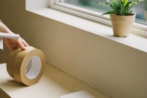 Rolls of kraft tape, scissors and a plant on a packing bench, representing ecommerce virtual assistant companies