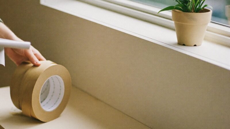 Rolls of kraft tape, scissors and a plant on a packing bench, representing ecommerce virtual assistant companies