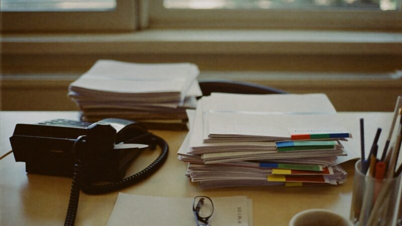 Desk in an independent insurance agency with stacked policy folders, an office phone, and reading glasses