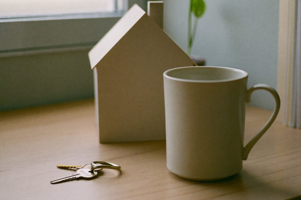House keys, a small wooden model house and a mug on a desk by a window, representing real estate virtual assistant companies