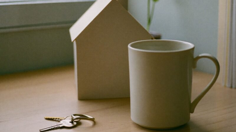 House keys, a small wooden model house and a mug on a desk by a window, representing real estate virtual assistant companies