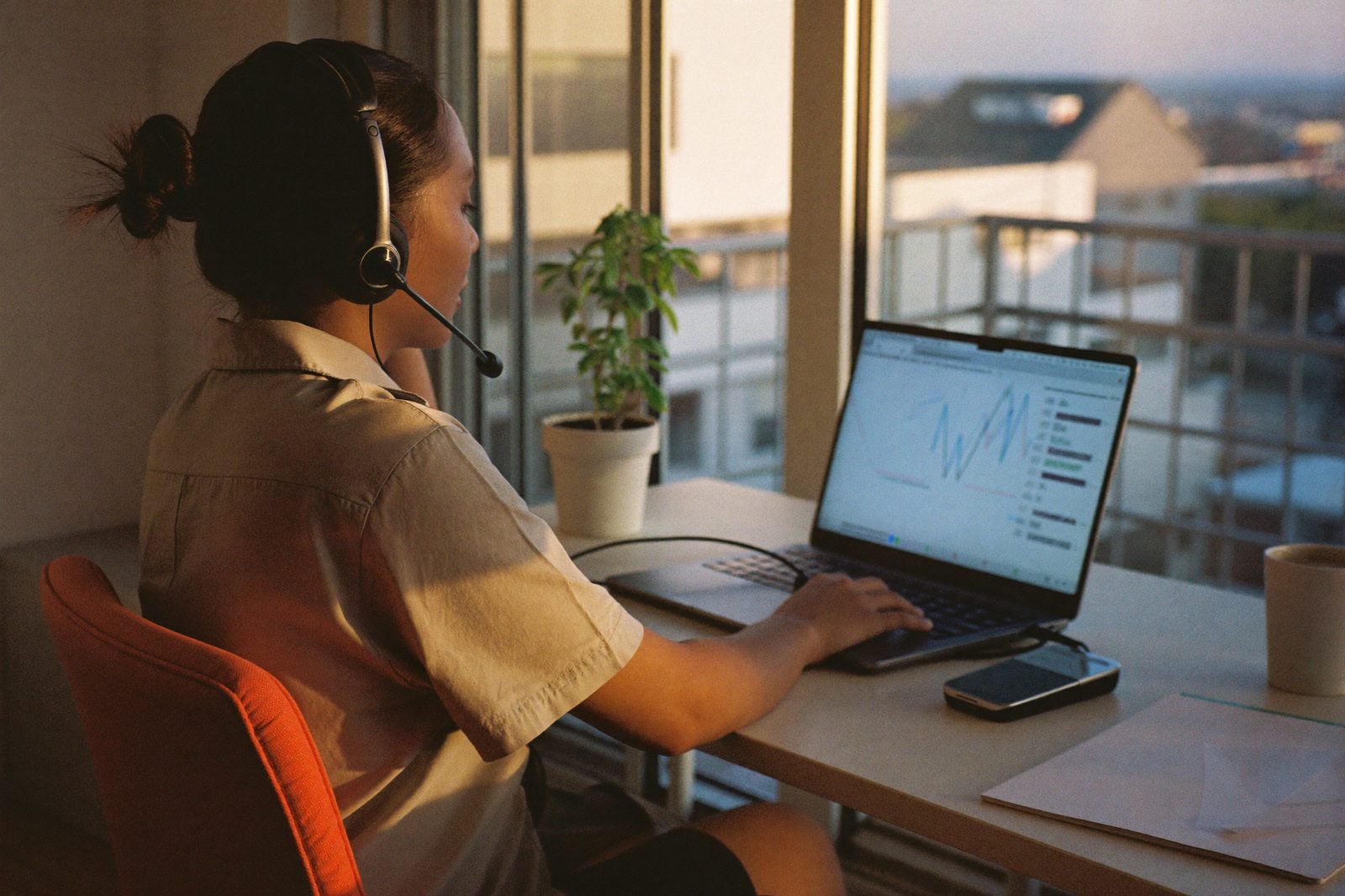 Remote insurance virtual assistant wearing a headset working on a laptop from a home office