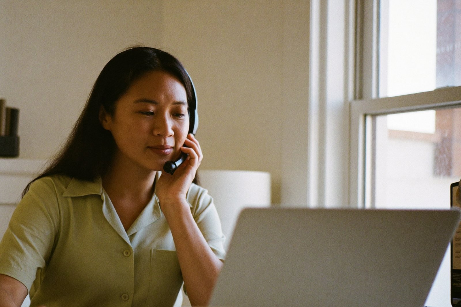 Remote real estate virtual assistant wearing a headset on a call from a home office desk