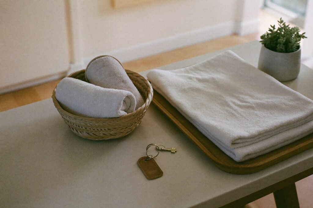 Vacation rental entry table with a door key, welcome basket, and folded towels