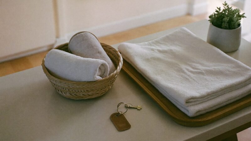 Vacation rental entry table with a door key, welcome basket, and folded towels