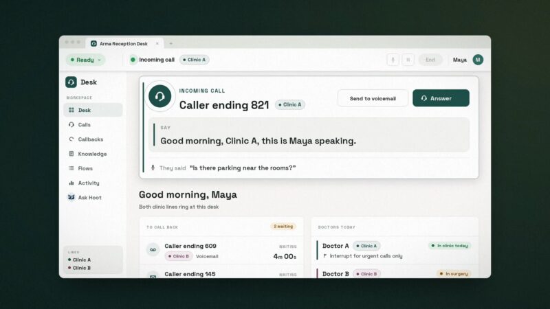 Arma Reception Desk screen during an incoming call, shown with fictional clinic and caller names