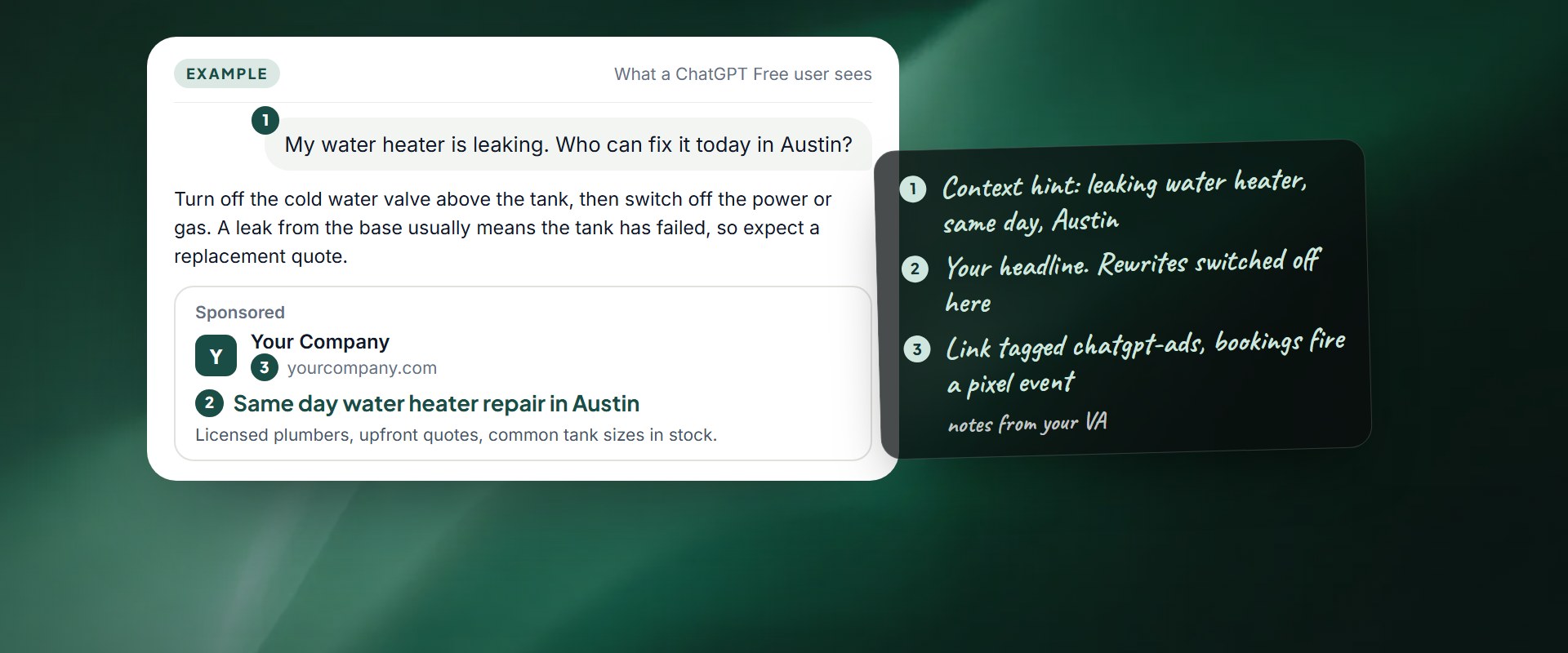 Example of a sponsored ad under a ChatGPT answer, with notes from a ChatGPT Ads VA