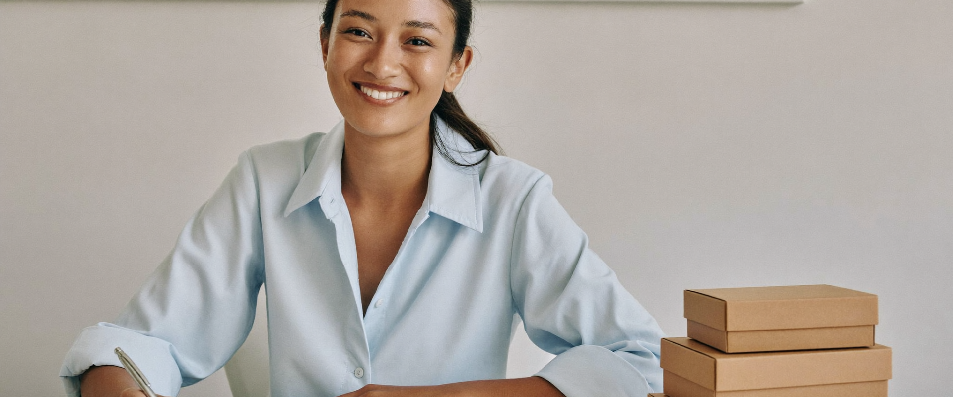 Filipina dropshipping virtual assistant at a desk with shipping boxes writing a packing note